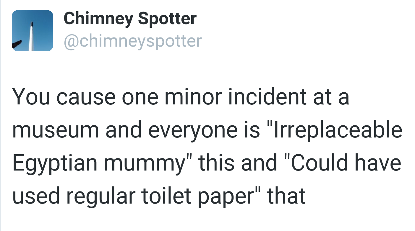 memes - Chimney Spotter You cause one minor incident at a museum and everyone is "Irreplaceable Egyptian mummy" this and "Could have used regular toilet paper" that