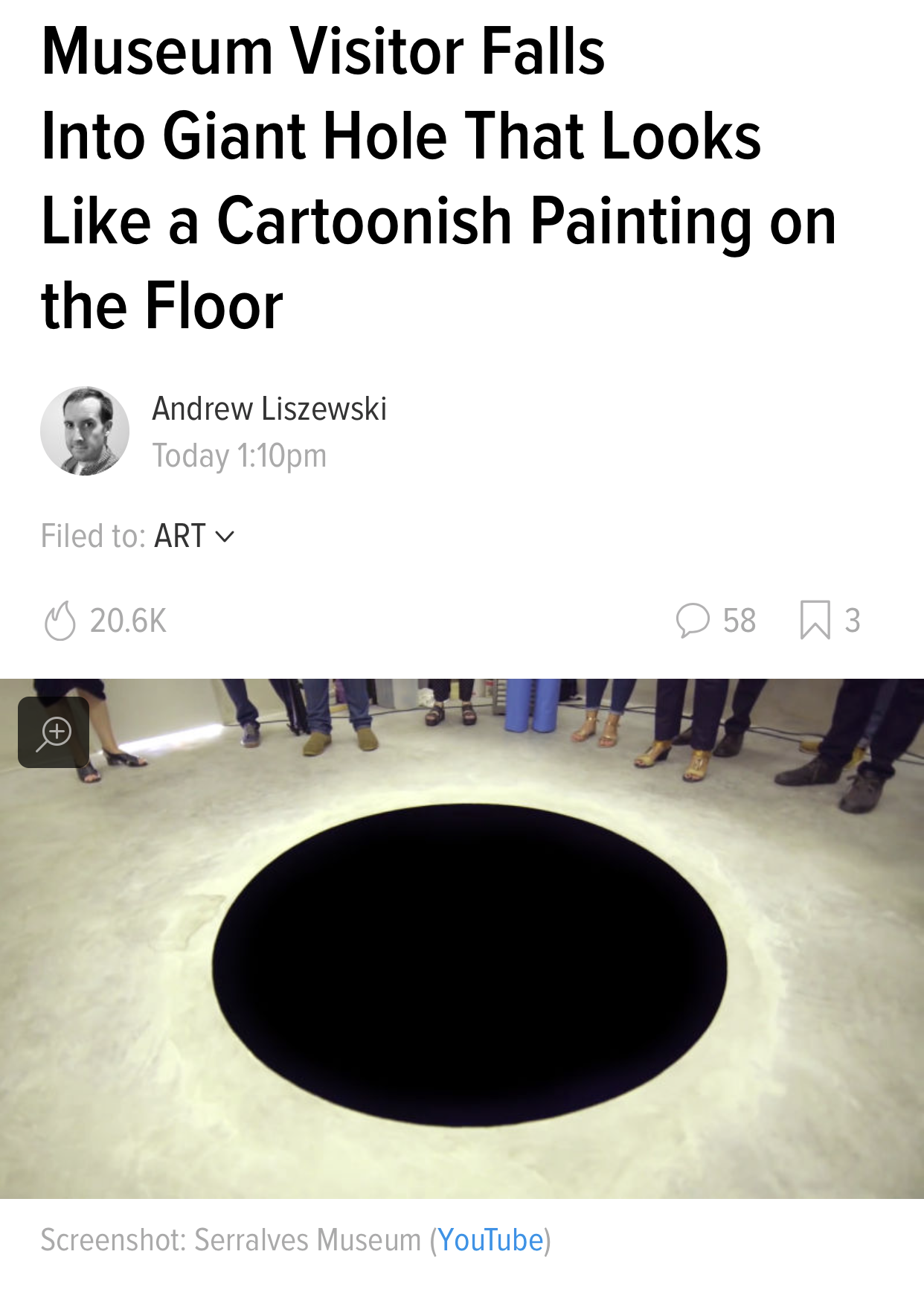 memes - find us on facebook - Museum Visitor Falls Into Giant Hole That Looks a Cartoonish Painting on the Floor Andrew Liszewski Today Filed to Art 58 03 Screenshot Serralves Museum YouTube