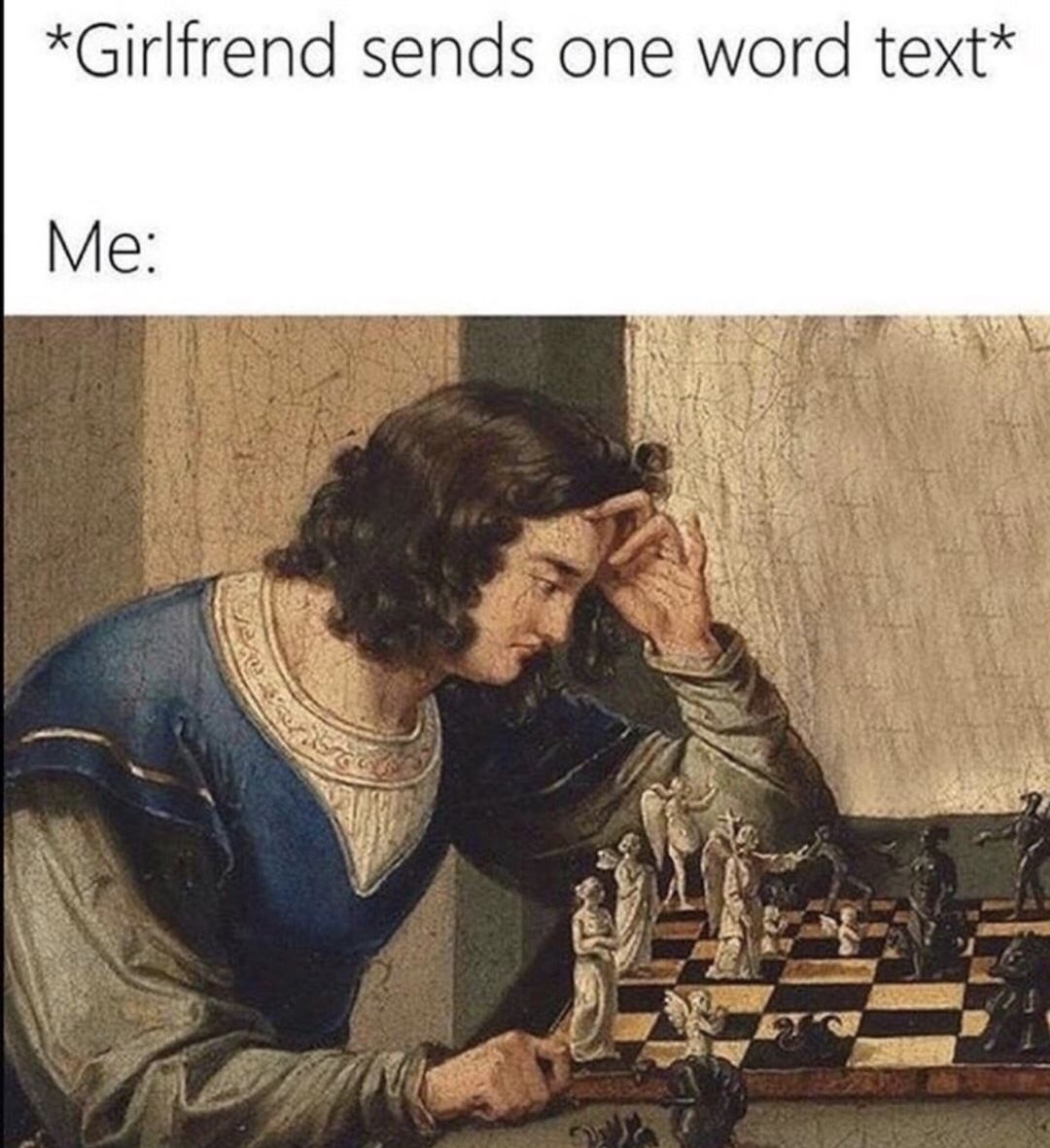 classical meme about how it feels when a girl sends a 1 word text