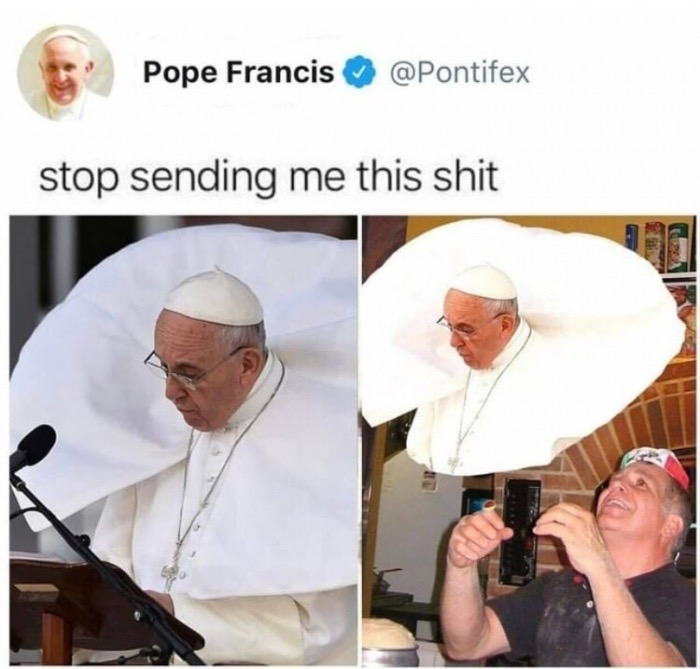 fake text from Pope Francis telling someone to stop sending pics of what looks like someone making a pope pizza pie