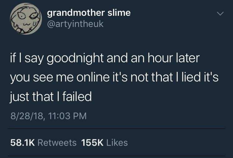 grandmother slime if I say goodnight and an hour later you see me online it's not that I lied it's just that I failed 82818,
