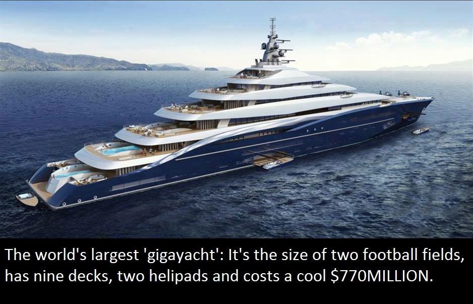 yacht double century - The world's largest 'gigayacht' It's the size of two football fields, has nine decks, two helipads and costs a cool $770MILLION.