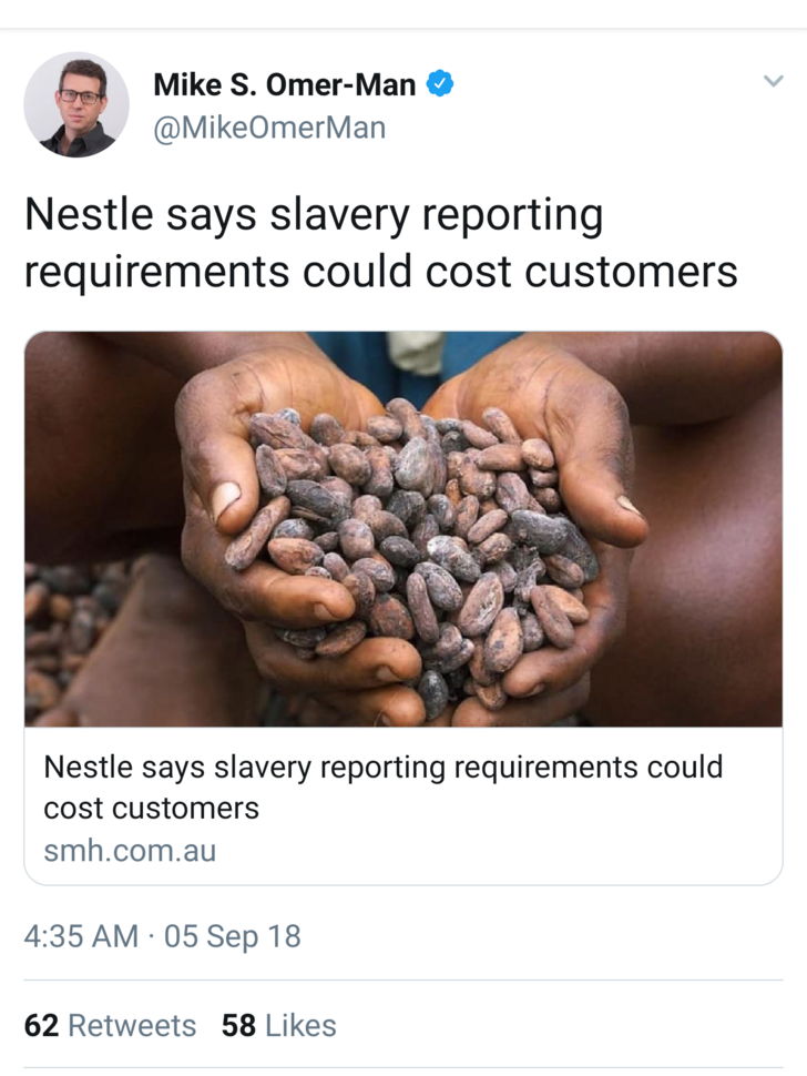 cocoa bean - Mike S. OmerMan Nestle says slavery reporting requirements could cost customers Nestle says slavery reporting requirements could cost customers smh.com.au 05 Sep 18 62 58