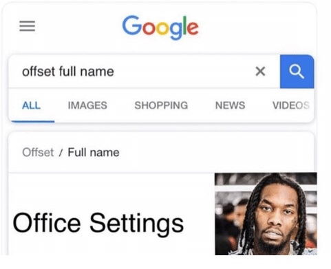 Google search for Offset's full name with the result 'Office settings'