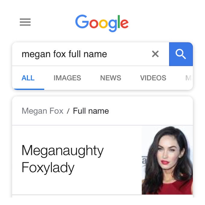 Googling megan fox full name with the search result 'Meganaughty Foxylady'
