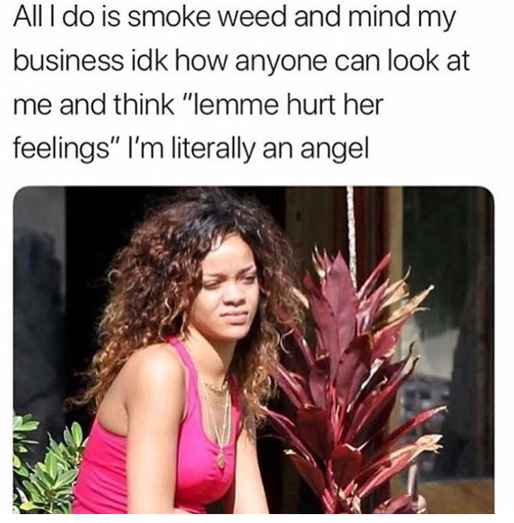 meme rihanna smoking - Alll do is smoke weed and mind my business idk how anyone can look at me and think "lemme hurt her feelings" I'm literally an angel