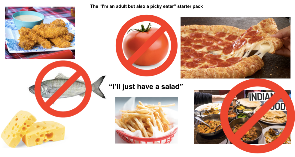 starter packs - junk food - The "I'm an adult but also a picky eater" starter pack "I'll just have a salad" India