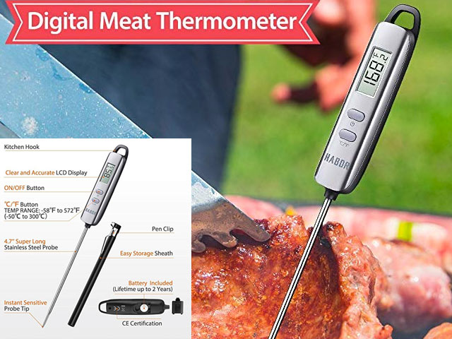 Meat thermometer - > Digital Meat Thermometer 00 168.1 Kitchen Hook Clear and Accurate Lcd Display F58. OnOff Button O "C F Button Temp Range 58'F to 572'F 50C to 300C Pen Clip 4.7 Super Long Stainless Steel Probe Easy Storage Sheath Battery Included Life