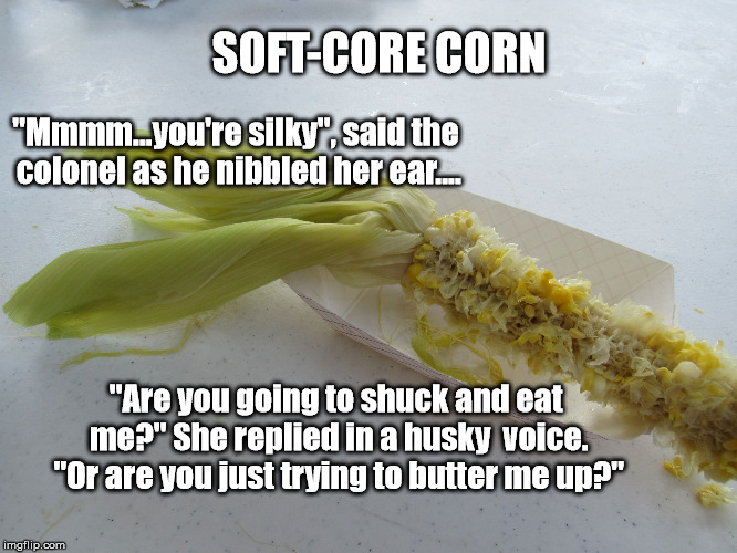 funny - SoftCore Corn "Mmmm...you're silky", said the colonel as he nibbled her ear.. "Are you going to shuck and eat me?" She replied in a husky voice. "Or are you just trying to butter me up?" imgflip.com