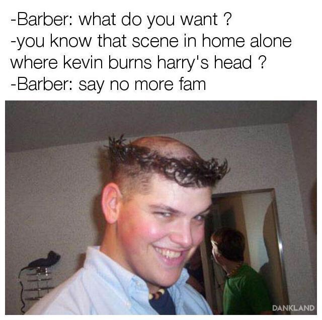 weird hairstyles men - Barber what do you want ? you know that scene in home alone where kevin burns harry's head ? Barber say no more fam Dankland