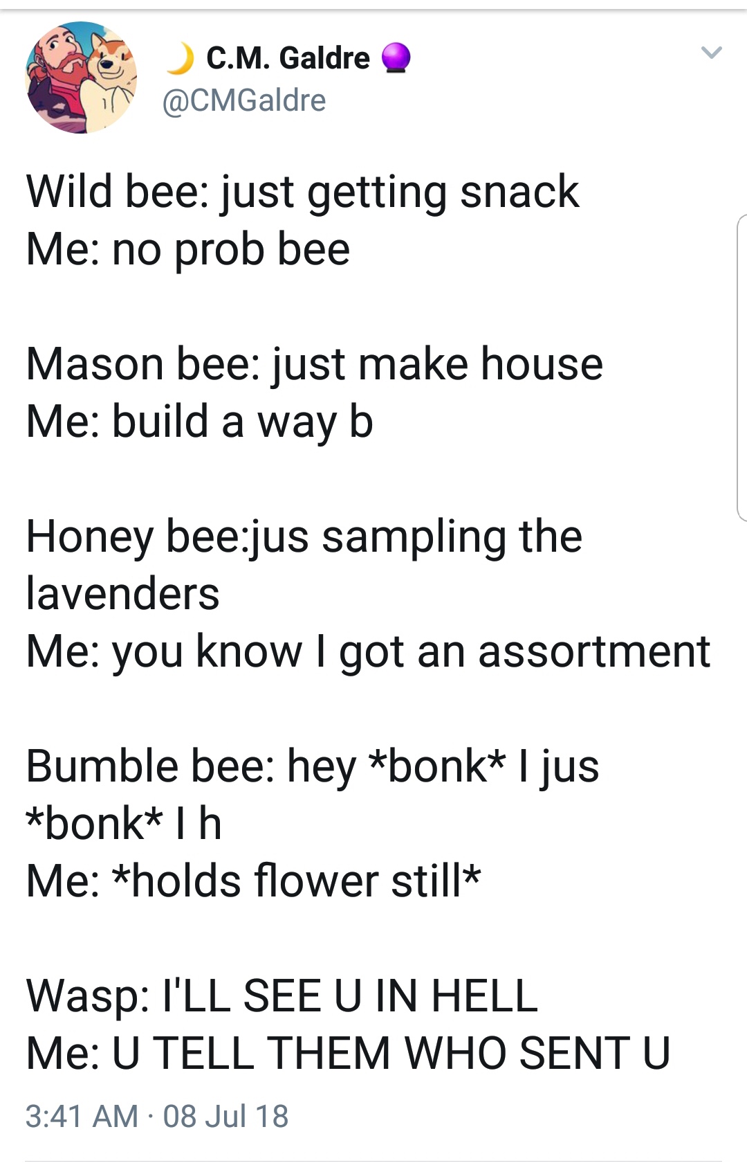 bee meme wasp - C.M. Galdre Wild bee just getting snack Me no prob bee Mason bee just make house Me build a way b Honey beejus sampling the lavenders Me you know I got an assortment Bumble bee hey bonk I jus bonk 1 h Me holds flower still Wasp I'Ll See U 