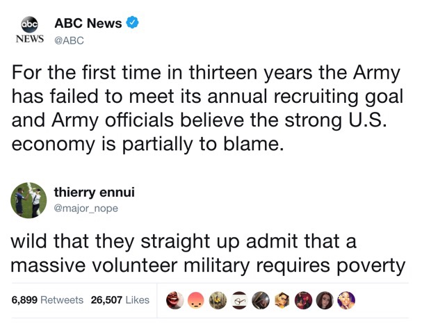 angle - abc Abc News News For the first time in thirteen years the Army has failed to meet its annual recruiting goal and Army officials believe the strong U.S. economy is partially to blame. thierry ennui wild that they straight up admit that a massive v