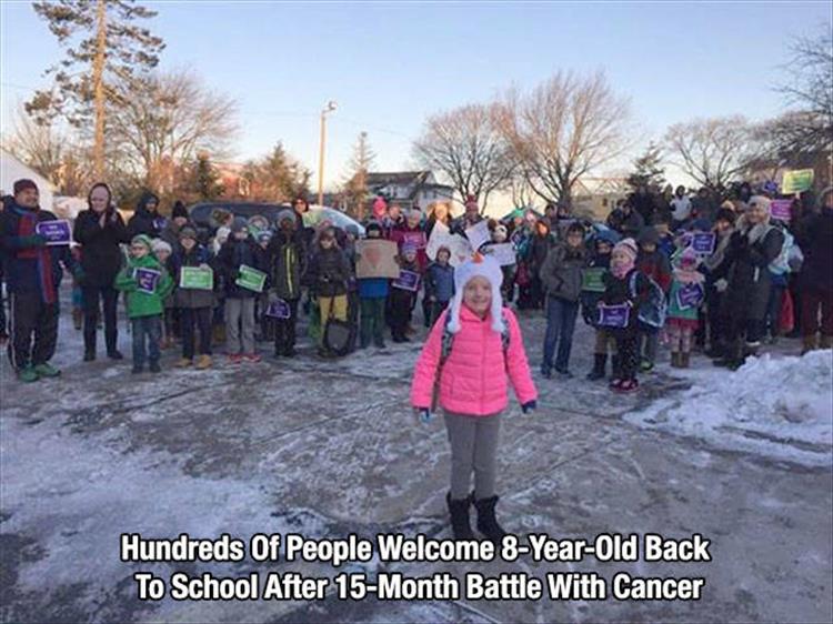 heartwarming bridget kelley cancer - 12 Hundreds Of People Welcome 8YearOld Back To School After 15Month Battle With Cancer