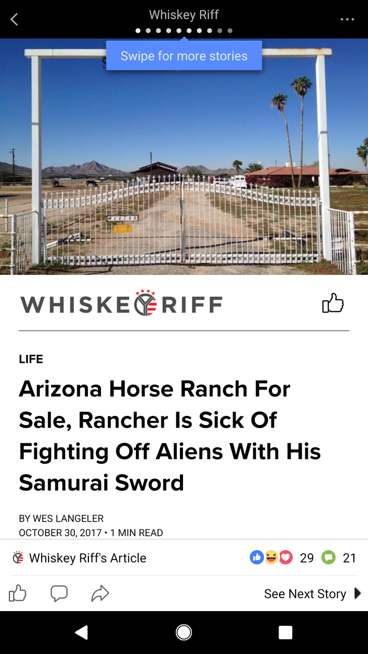 sky - Whiskey Riff Swipe for more stories Whiske Riff Life Arizona Horse Ranch For Sale, Rancher Is Sick Of Fighting Off Aliens With His Samurai Sword By Wes Langeler 1 Min Read Whiskey Riff's Article 00 29 21 See Next Story