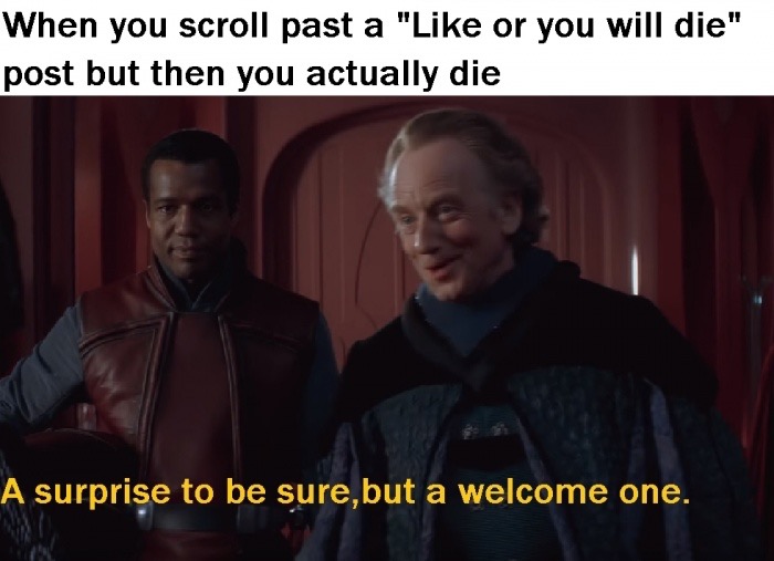 meme stream - like or you will die meme - When you scroll past a " or you will die" post but then you actually die A surprise to be sure, but a welcome one.