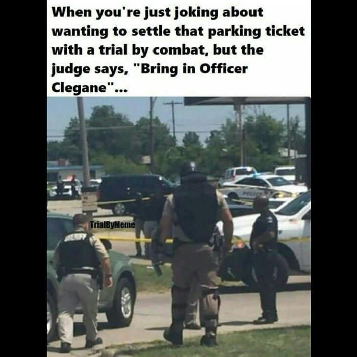 officer clegane - When you're just joking about wanting to settle that parking ticket with a trial by combat, but the judge says, "Bring in Officer Clegane"... TrialByMeme