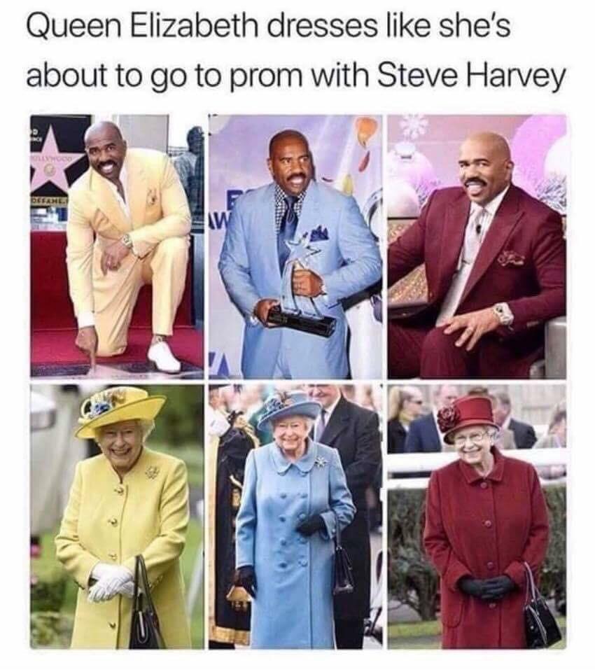 Meme about similarities in the outfits worn by Queen Elizabeth and Steve Harvey