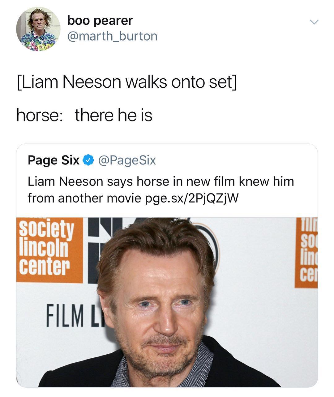 liam neeson horse - boo boo pearer Liam Neeson walks onto set horse there he is Page Six Six Liam Neeson says horse in new film knew him from another movie pge.sx2PjQZjW Society Iv lincoln center Sese Film L