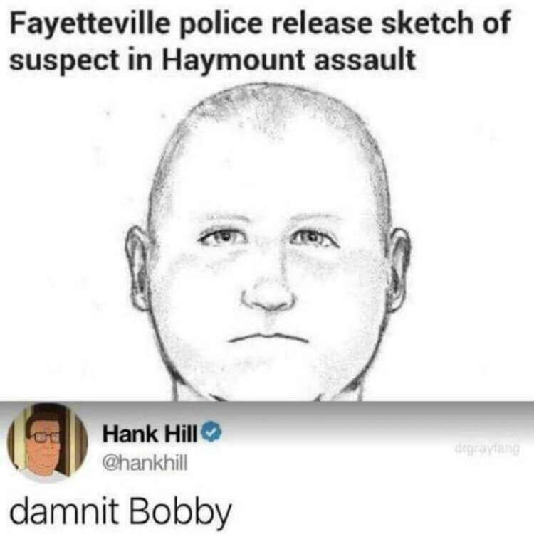 hank hill memes - Fayetteville police release sketch of suspect in Haymount assault Hank Hill damnit Bobby