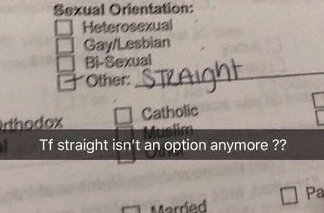 isn t an option meme - Sexual Orientation Heterosexual GayLesbian Bisexual Other STRAight Orthodox Catholic Tf straight isn't an option anymore ?? Pa Married