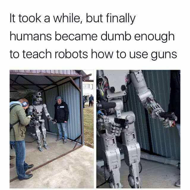 meme about robots getting guns and people dumb enough to give it to them