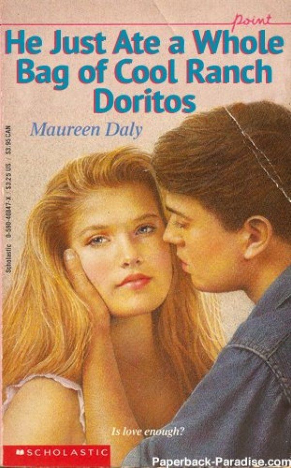 funny meme of romance book cover in which woman is thinking the man at a whole bag of cool ranch