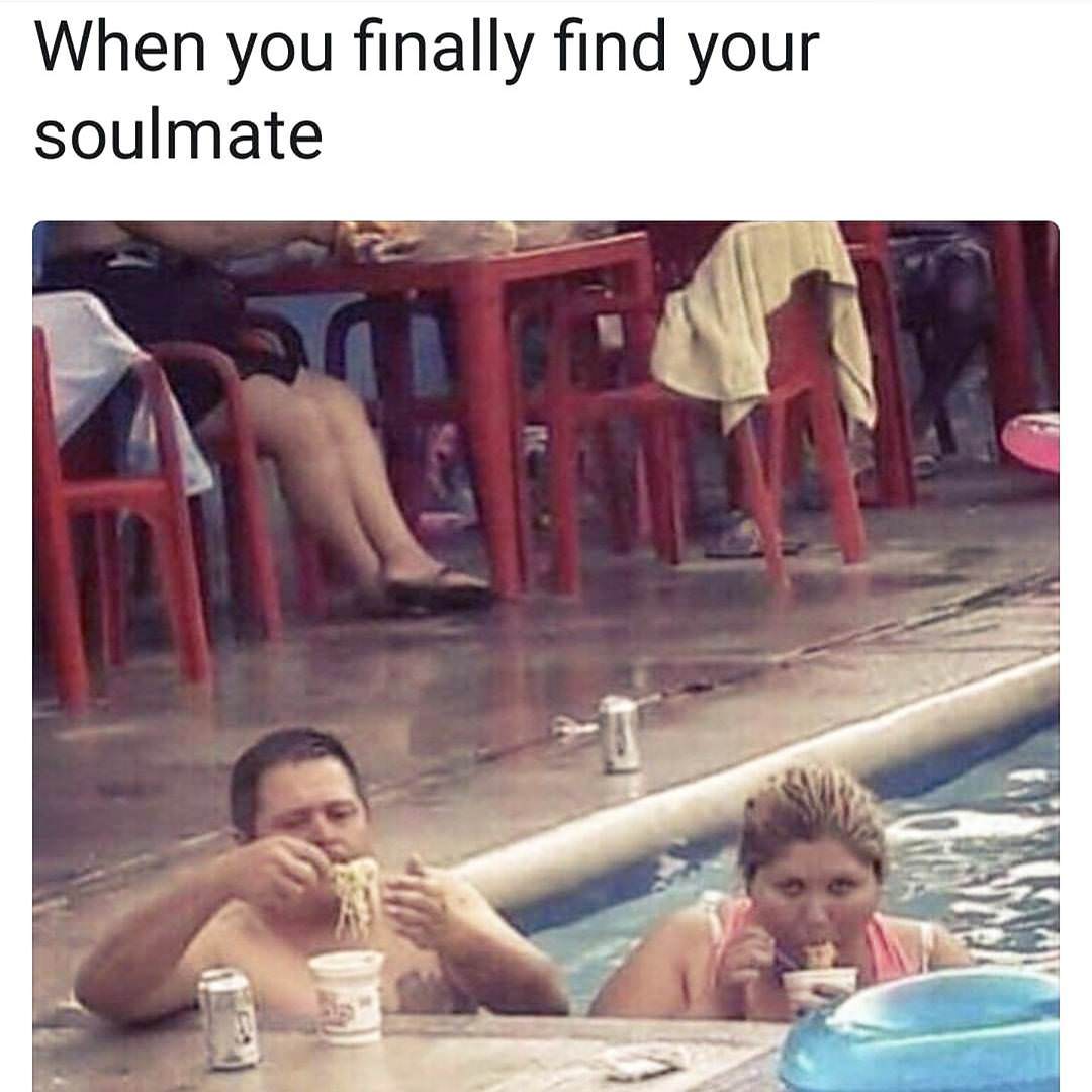 Soulmate meeting meme of a couple eating spaghetti in the pool