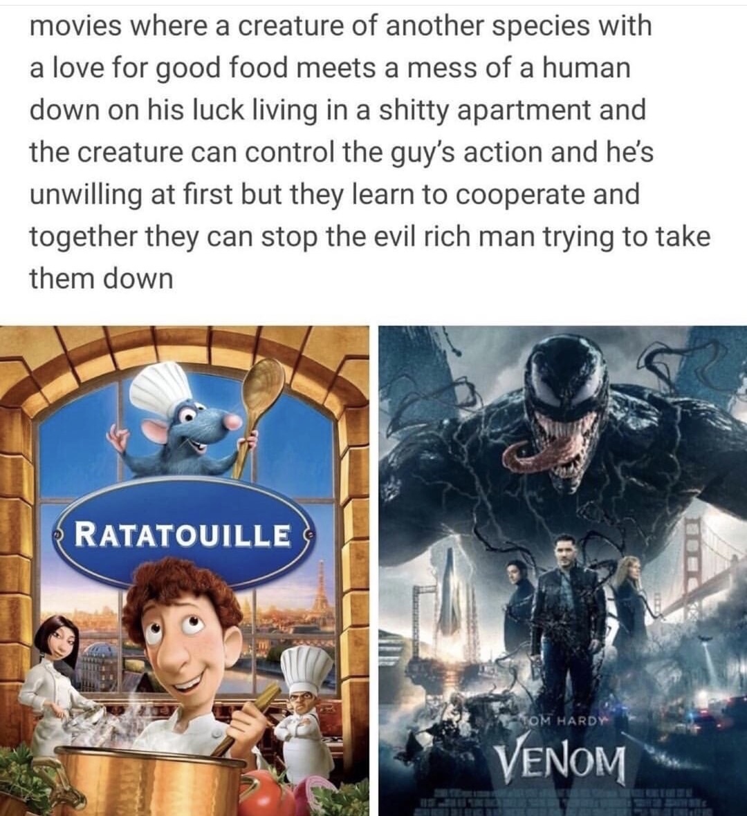funny meme comparing the movies Ratatouille and Venom