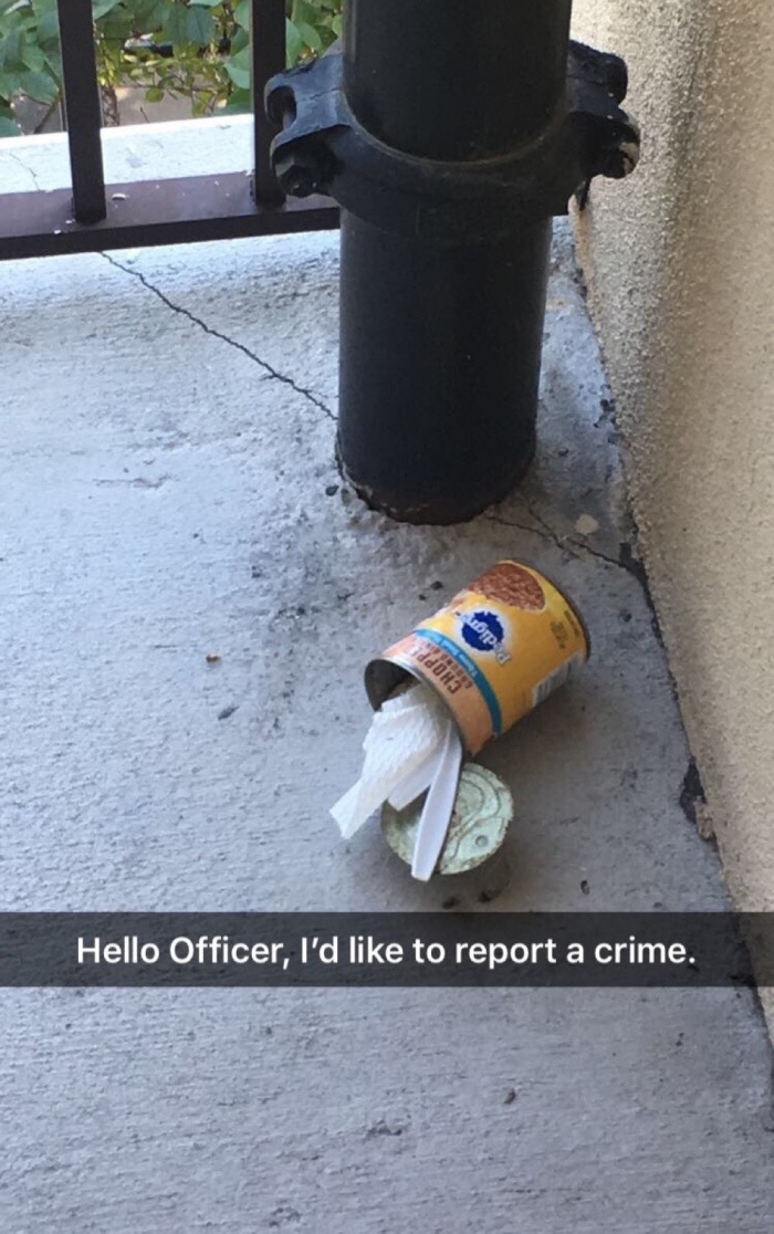 snapchat meme about reporting a crime when seeing trash discraded incorrectly