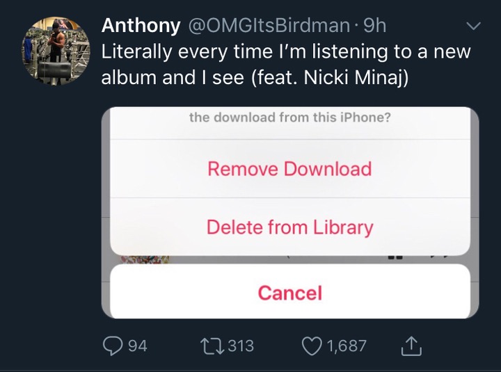 multimedia - Anthony . 9h Literally every time I'm listening to a new album and I see feat. Nicki Minaj the download from this iPhone? Remove Download Delete from Library Cancel 'Q 94 27313 1,687