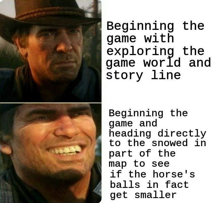 rdr2 dank memes - Beginning the game with exploring the game world and story line Beginning the game and heading directly to the snowed in part of the map to see if the horse's balls in fact get smaller