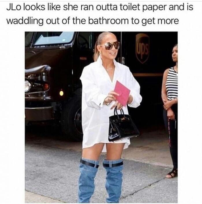 jennifer lopez high boots - JLo looks she ran outta toilet paper and is waddling out of the bathroom to get more
