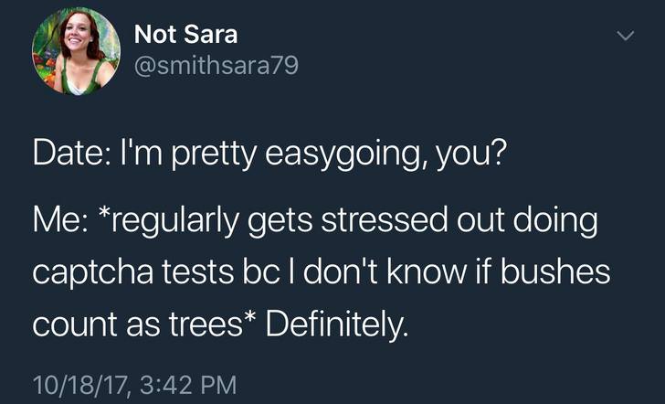 presentation - Not Sara Date I'm pretty easygoing, you? Me regularly gets stressed out doing captcha tests bc I don't know if bushes count as trees Definitely. 101817,
