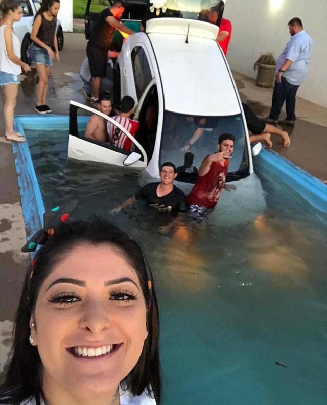 girl smiling at a pool that crashed a pool party