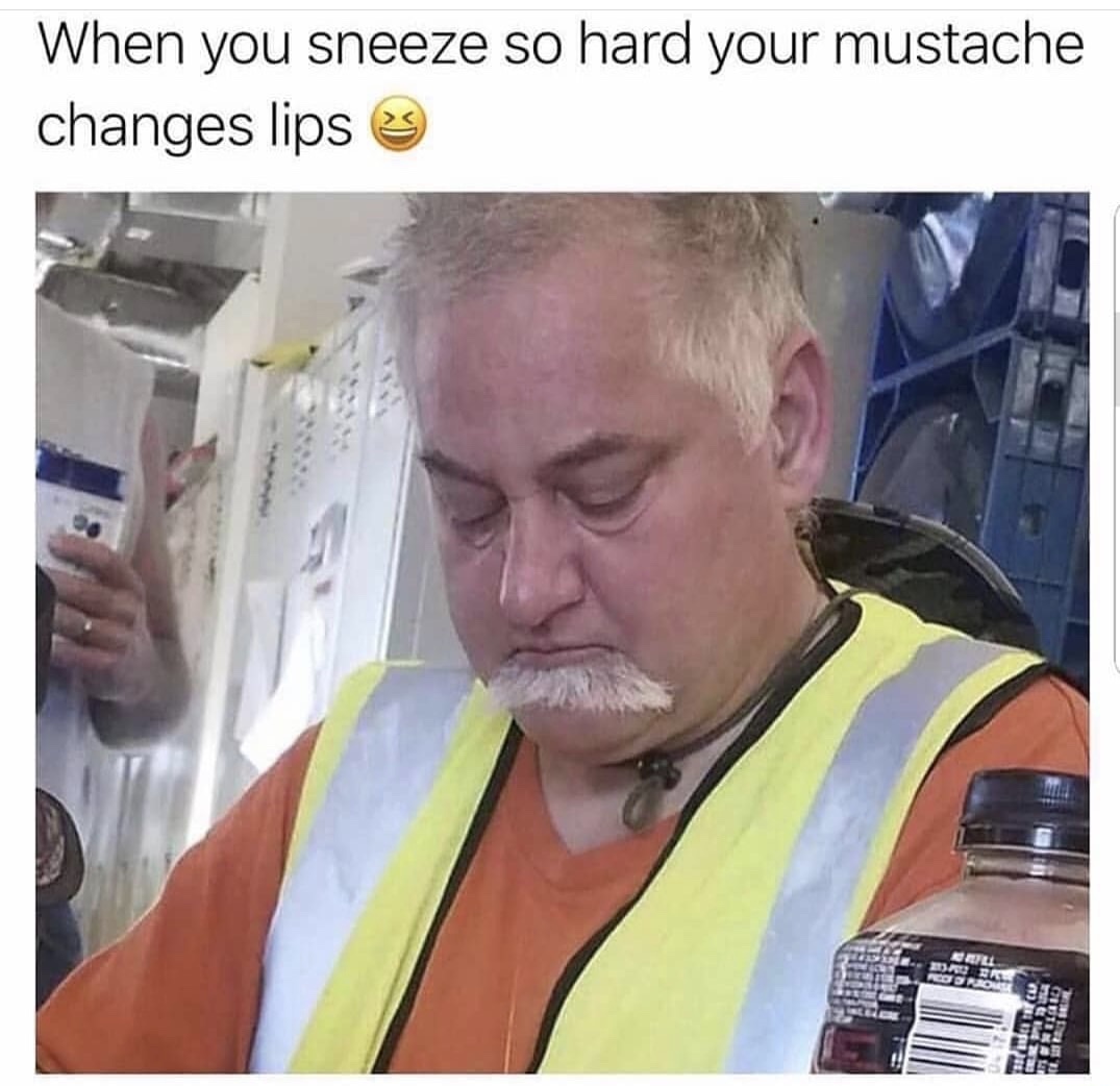 meme of when your sneeze your mustache changes lips