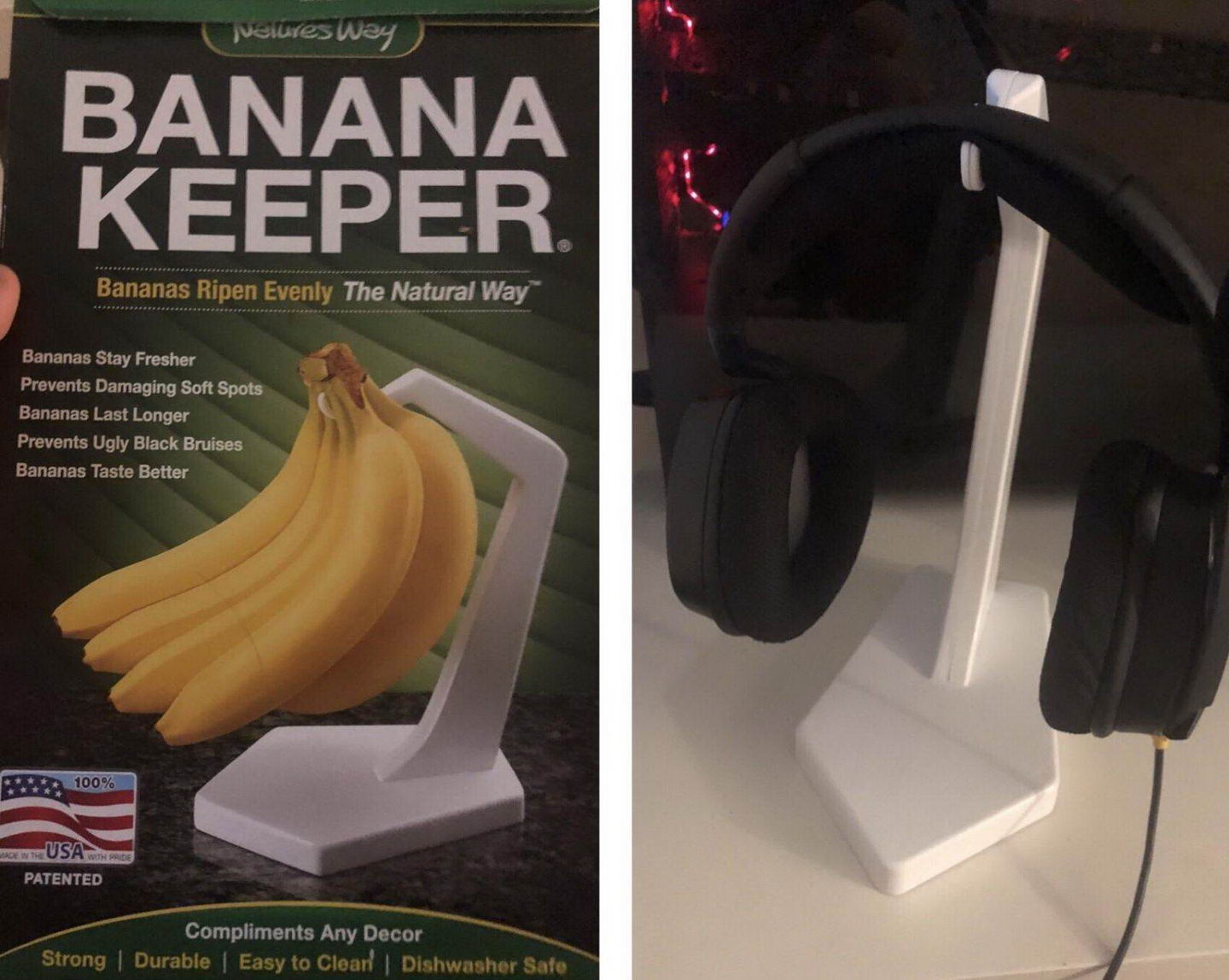 headphones - relives way Banana Keeper Bananas Ripen Evenly The Natural Way Bananas Stay Fresher Prevents Damaging Soft Spots Bananas Last Longer Prevents Ugly Black Bruises Bananas Taste Better 100% Noen Usa Patented Compliments Any Decor Strong | Durabl