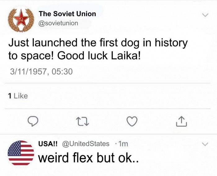 am uncomfortable when not about me - The Soviet Union Just launched the first dog in history to space! Good luck Laika! 3111957, 1 Usa!! States 1m weird flex but ok..