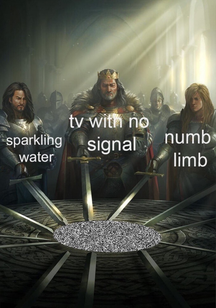 memes - knights of the round table meme - tv with no sparkling signal water Signal numb limb