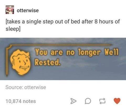 meme stream - you are no longer well rested meme - otterwise takes a single step out of bed after 8 hours of sleep You are no longer Well Rested. Source otterwise 10,874 notes