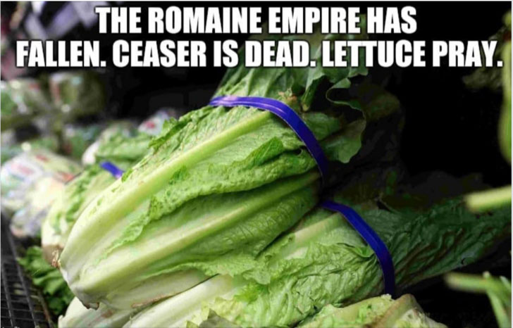 meme stream - romaine lettuce california - The Romaine Empire Has Fallen. Ceaser Is Dead. Lettuce Pray.