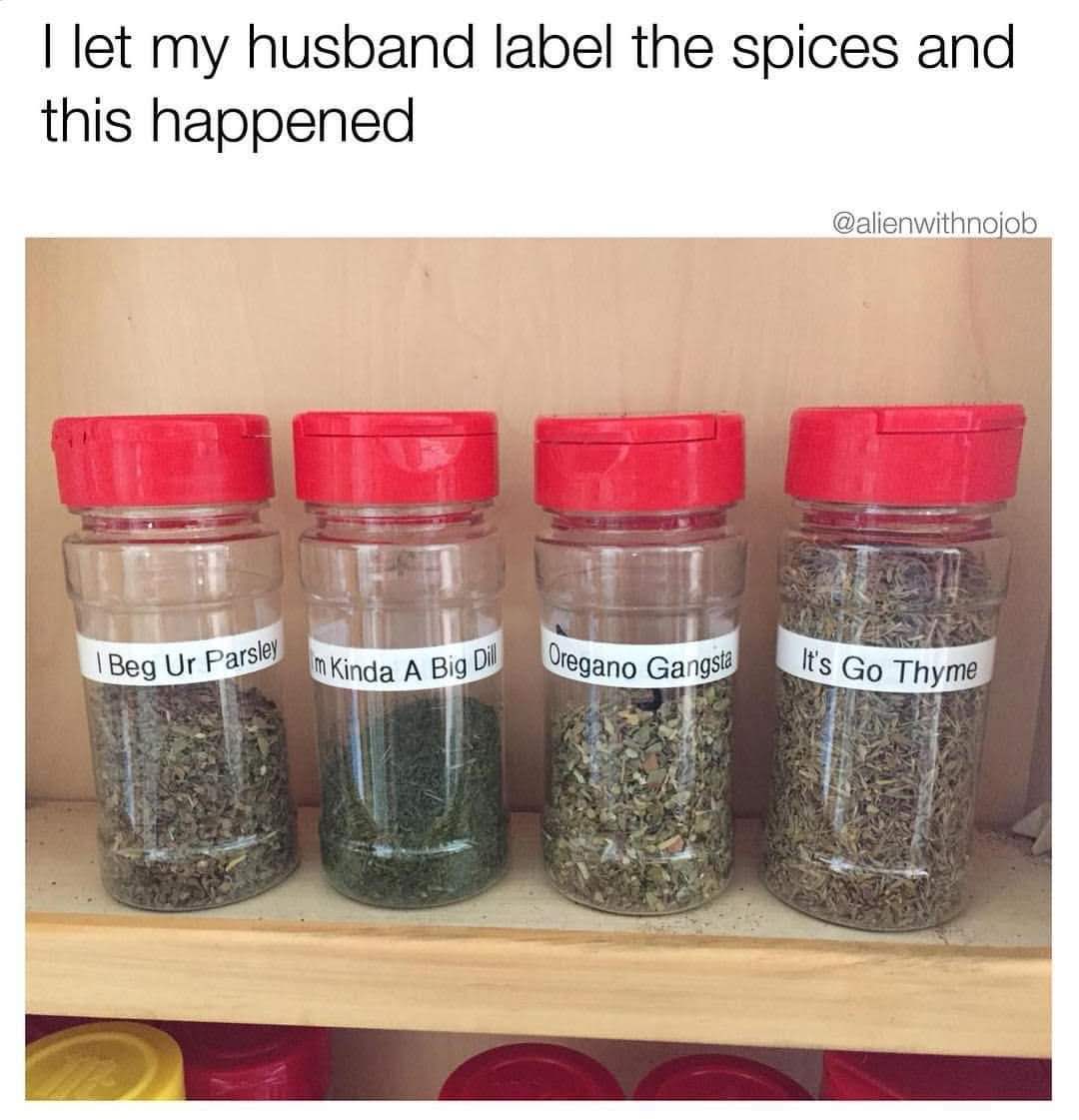 husband labels spices meme - I let my husband label the spices and this happened I Beg Ur Parsley m Kinda A Big Dil Oregano Gangsta It's Go Thyme