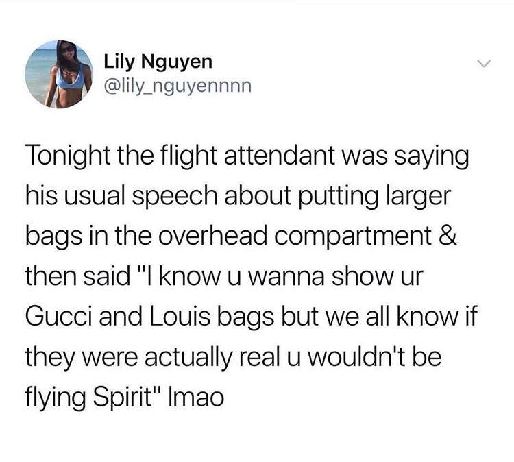 spirit airlines memes - Wy Lily Nguyen Tonight the flight attendant was saying his usual speech about putting larger bags in the overhead compartment & then said "I know u wanna show ur Gucci and Louis bags but we all know if they were actually real u wou