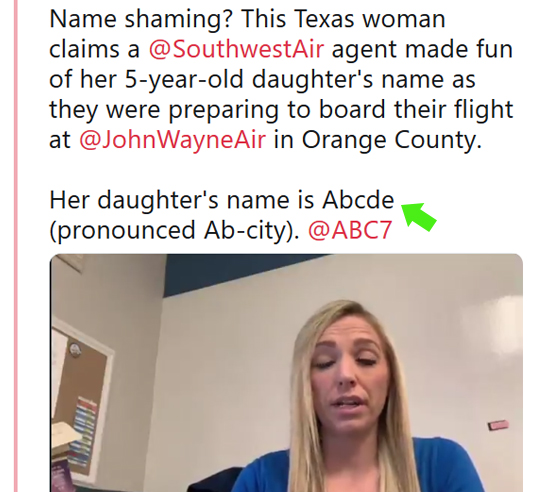 abcde memes - Name shaming? This Texas woman claims a @ SouthwestAir agent made fun of her 5yearold daughter's name as they were preparing to board their flight at WayneAir in Orange County. Her daughter's name is Abcde pronounced Abcity.