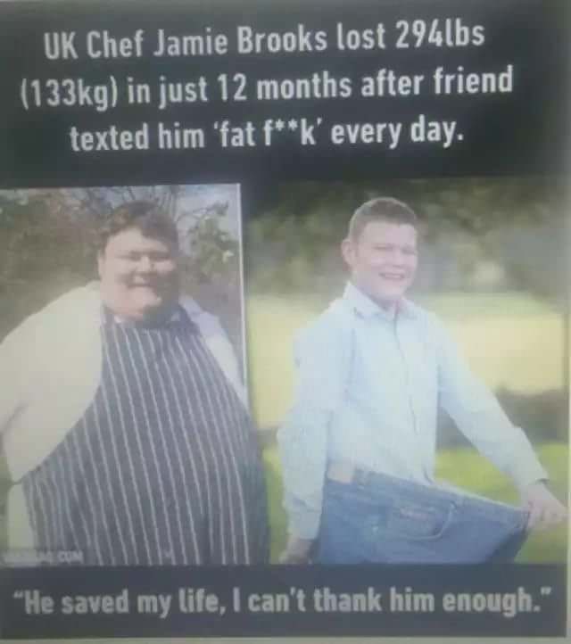 Offensive meme of a guy who lost weight because someone texted him everyday