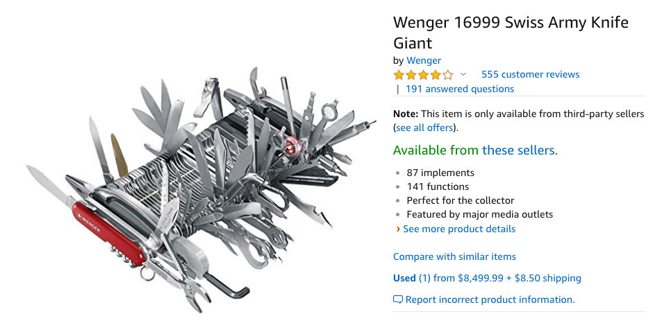 amazon reviews-  giant swiss army knife - Wenger 16999 Swiss Army Knife Giant by Wenger 555 customer reviews | 191 answered questions Note This item is only available from thirdparty sellers see all offers. Available from these sellers. 87 implements 141 