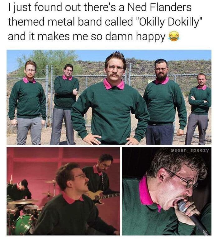 work meme about a metal band themed after Ned Flanders from The Simpsons