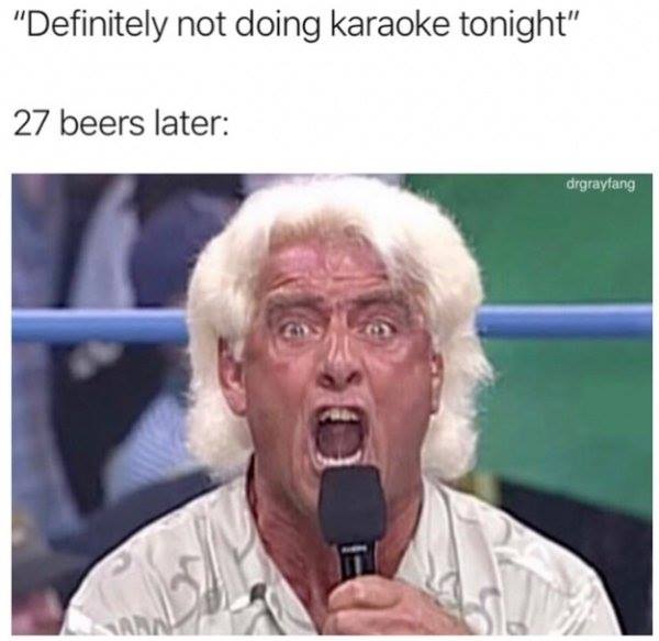 ric flair karaoke meme - "Definitely not doing karaoke tonight" 27 beers later drgrayfang