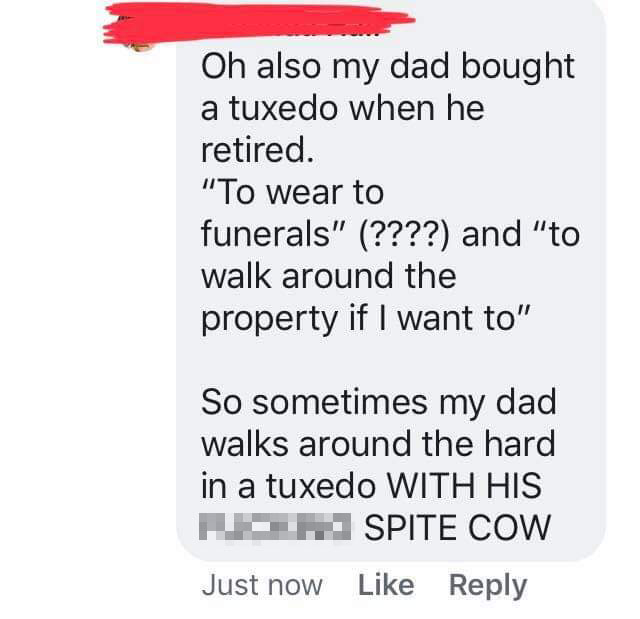 number - Oh also my dad bought a tuxedo when he retired. "To wear to funerals" ???? and "to walk around the property if I want to" So sometimes my dad walks around the hard in a tuxedo With His N Spite Cow Just now