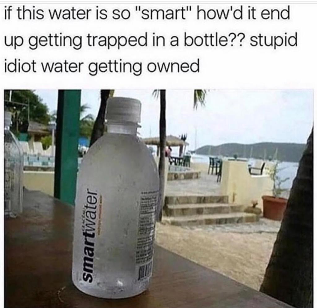 memes-  fat people in skinny jeans - if this water is so "smart" how'd it end up getting trapped in a bottle?? stupid idiot water getting owned smartwater