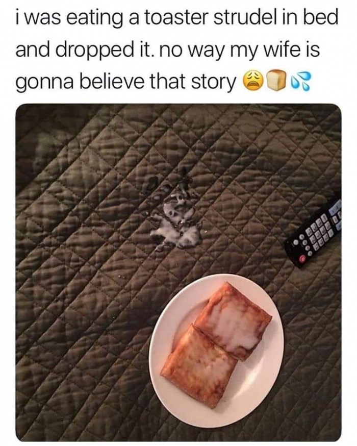 memes - toaster strudel on bed - i was eating a toaster strudel in bed and dropped it. no way my wife is gonna believe that story @ 307 O Fue